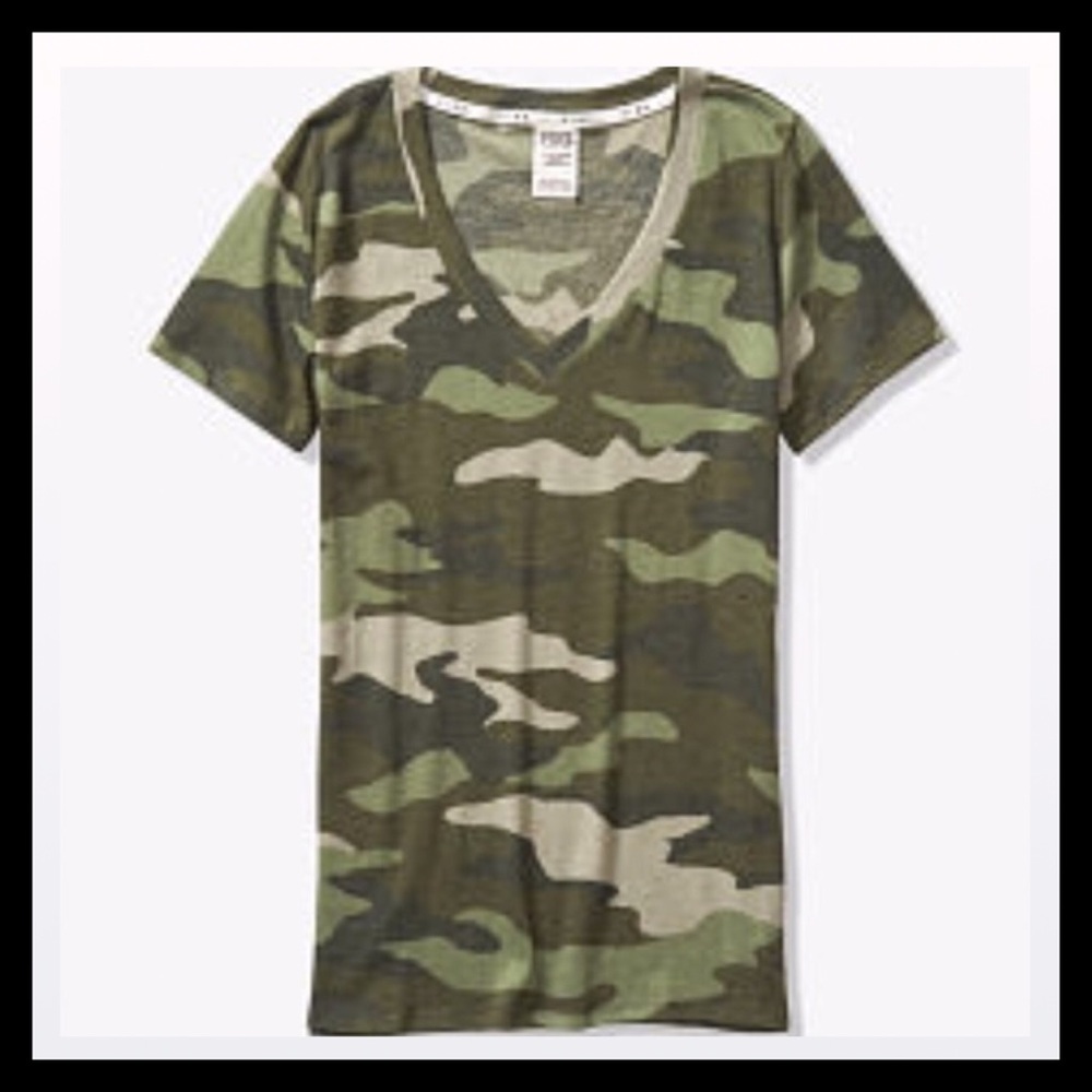 PINK VICTORIA'S SECRET PERFECT V-NECK TEE CAMO - Picture 1 of 3
